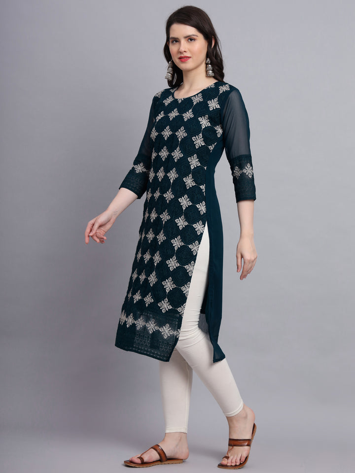 Embroidered Georgette Straight Kurta with Chikankari Work | Crepe Inner