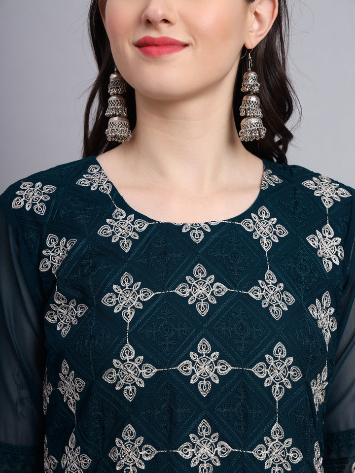 Embroidered Georgette Straight Kurta with Chikankari Work | Crepe Inner