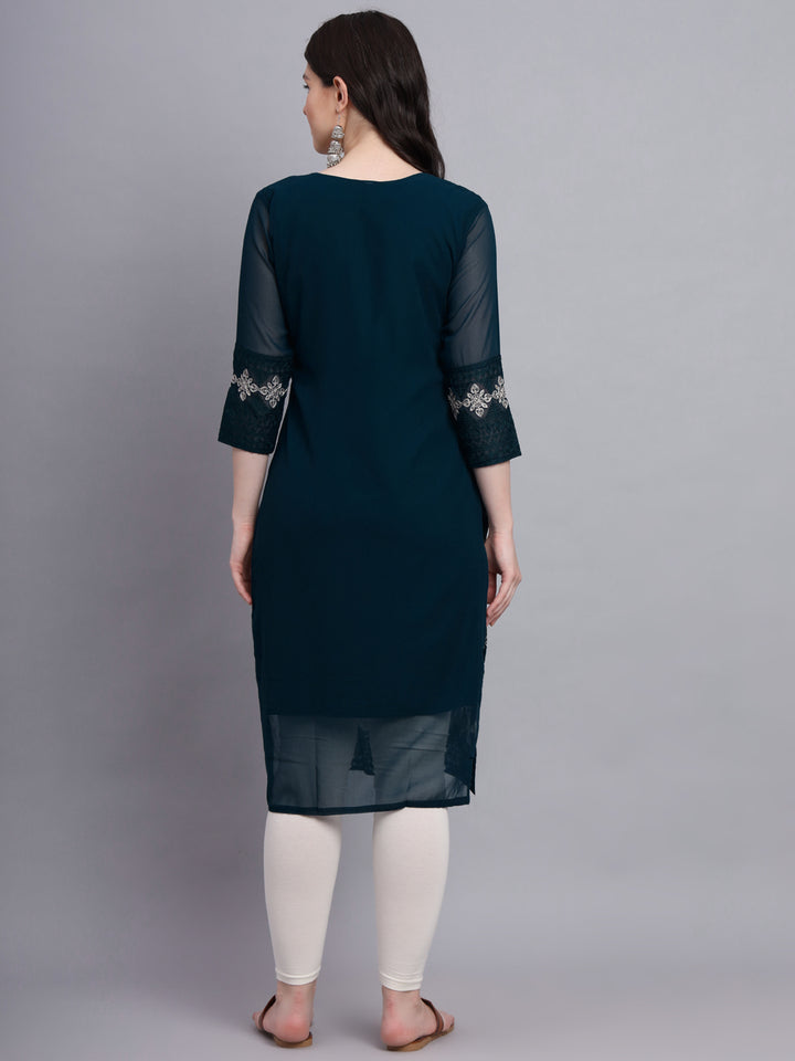 Embroidered Georgette Straight Kurta with Chikankari Work | Crepe Inner