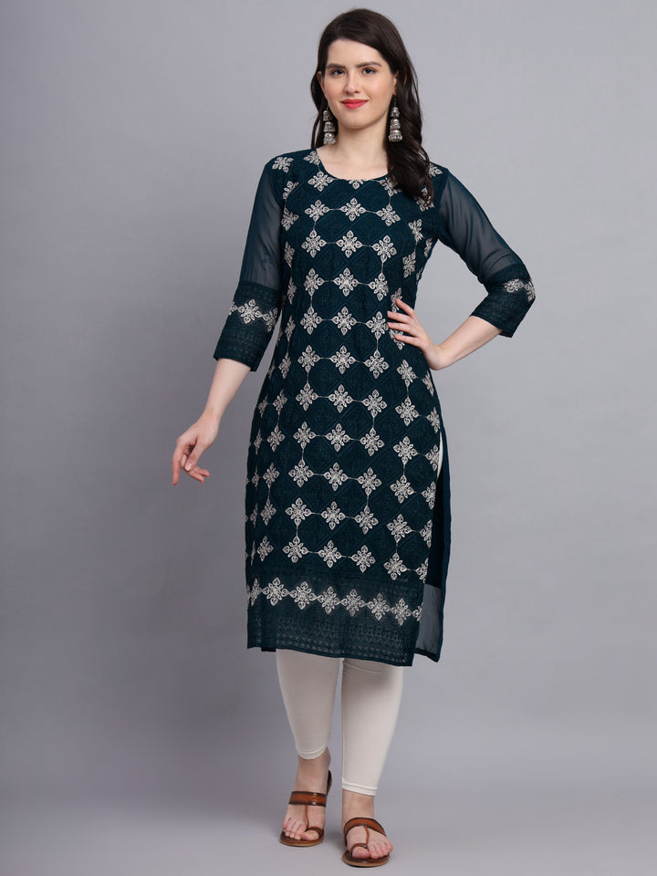 Embroidered Georgette Straight Kurta with Chikankari Work | Crepe Inner
