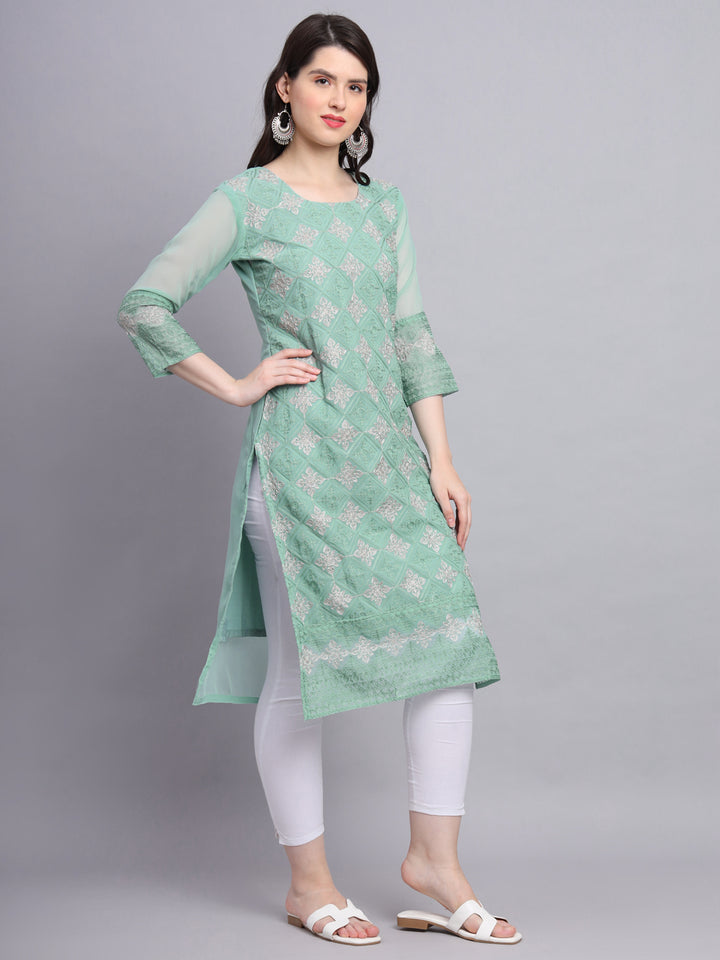 Embroidered Georgette Straight Kurta with Chikankari Work | Crepe Inner