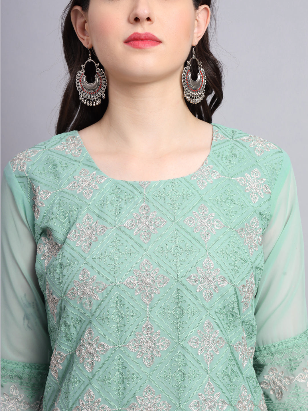 Embroidered Georgette Straight Kurta with Chikankari Work | Crepe Inner