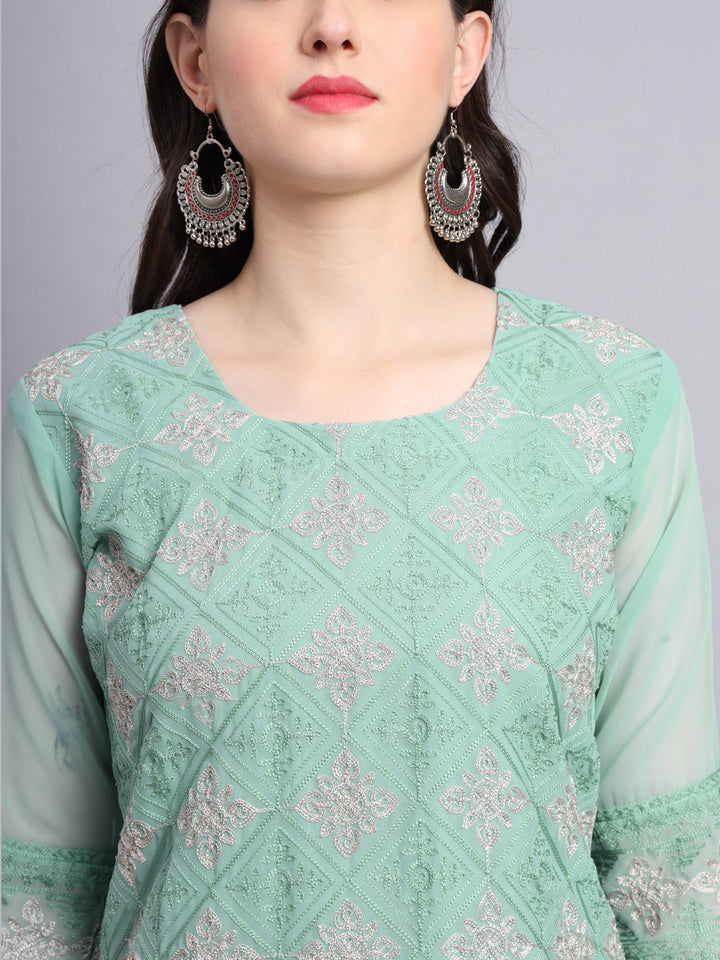 Embroidered Georgette Straight Kurta with Chikankari Work | Crepe Inner