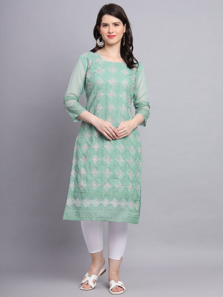 Embroidered Georgette Straight Kurta with Chikankari Work | Crepe Inner