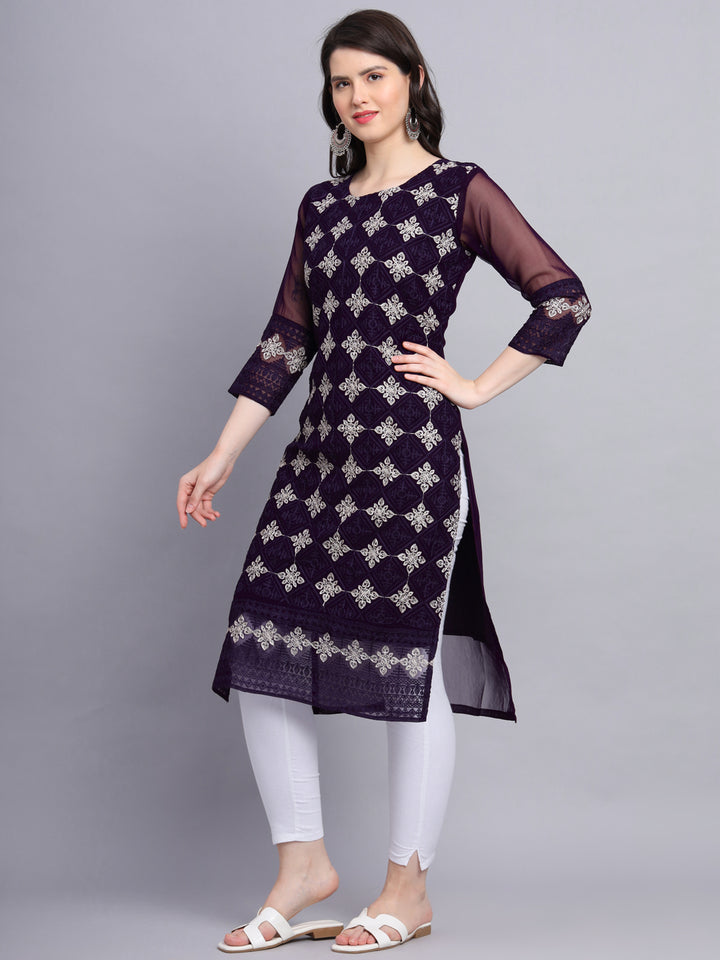 Embroidered Georgette Straight Kurta with Chikankari Work | Crepe Inner