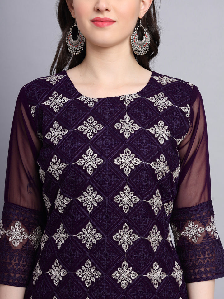 Embroidered Georgette Straight Kurta with Chikankari Work | Crepe Inner