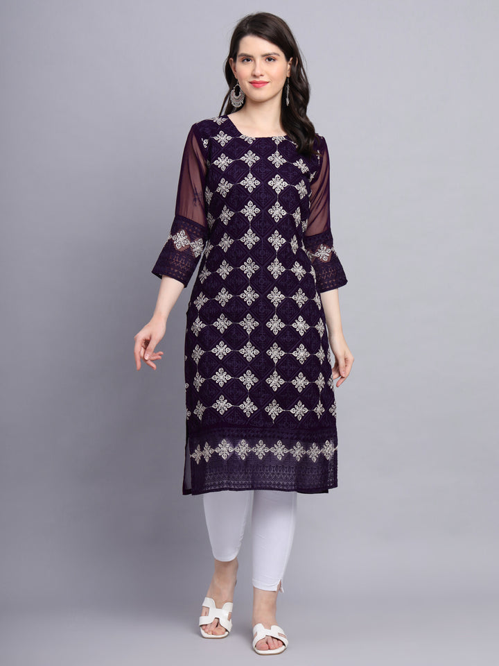 Embroidered Georgette Straight Kurta with Chikankari Work | Crepe Inner