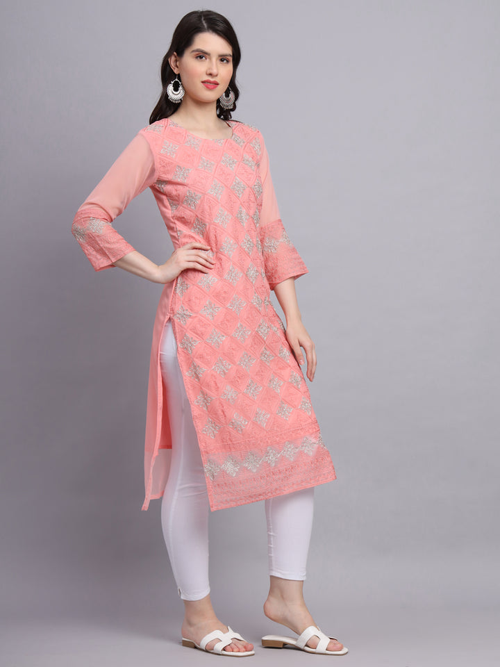 Embroidered Georgette Straight Kurta with Chikankari Work | Crepe Inner