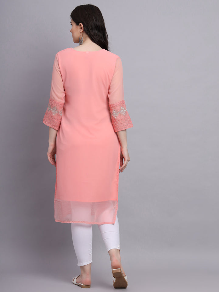 Embroidered Georgette Straight Kurta with Chikankari Work | Crepe Inner