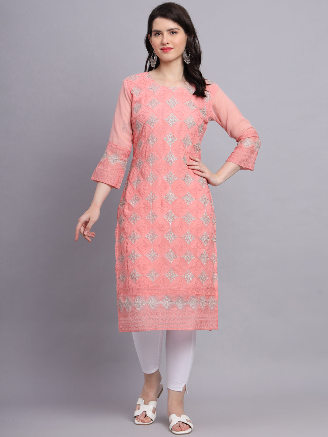 Embroidered Georgette Straight Kurta with Chikankari Work | Crepe Inner