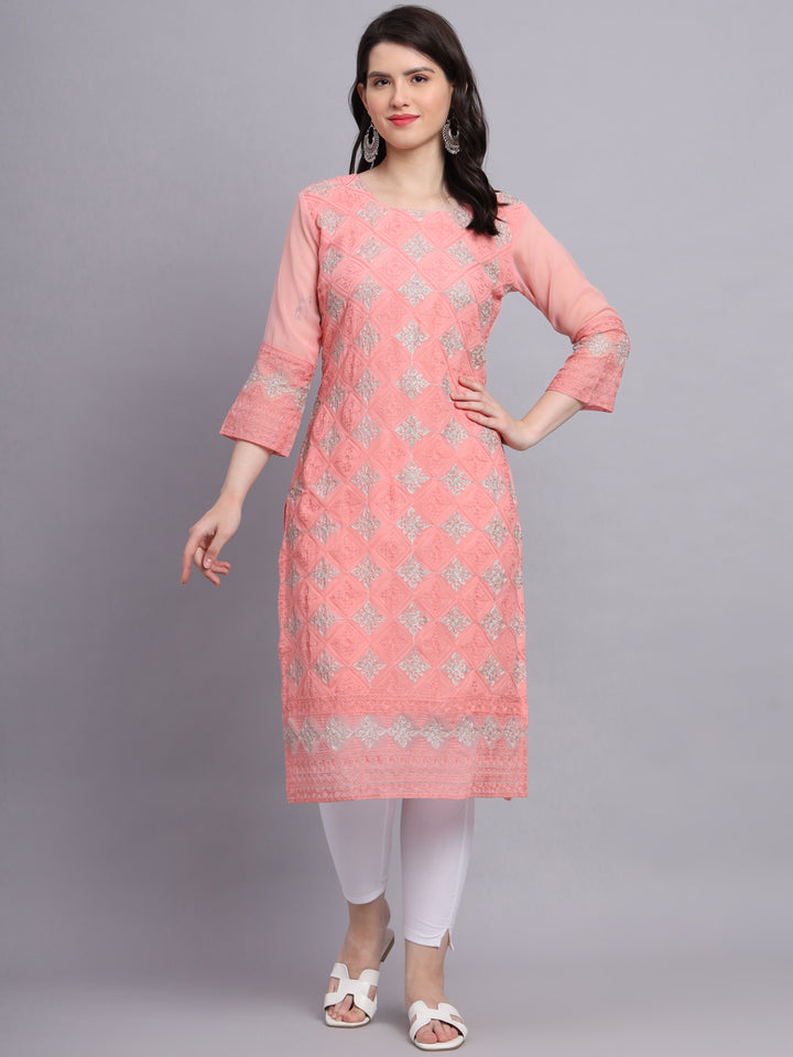 Embroidered Georgette Straight Kurta with Chikankari Work | Crepe Inner