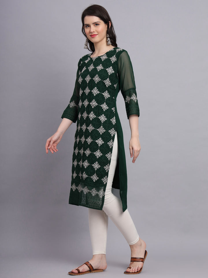 Embroidered Georgette Straight Kurta with Chikankari Work | Crepe Inner