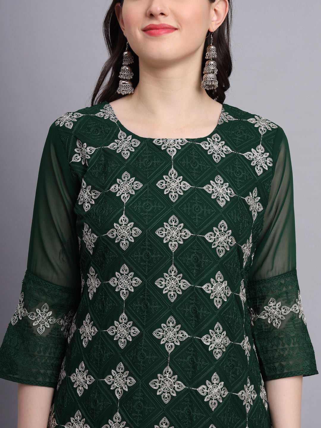 Embroidered Georgette Straight Kurta with Chikankari Work | Crepe Inner