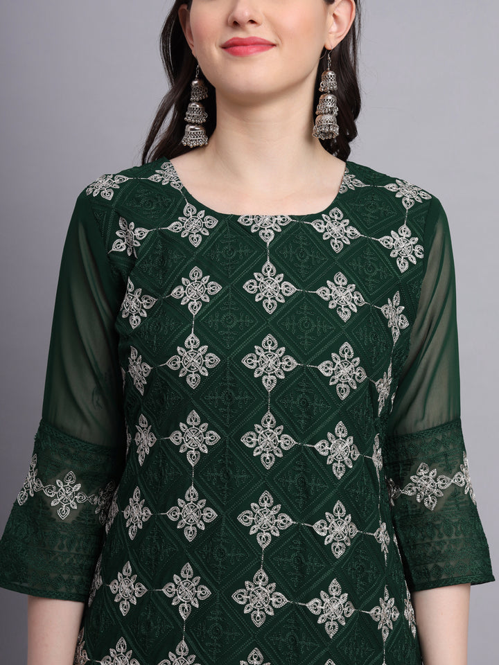 Embroidered Georgette Straight Kurta with Chikankari Work | Crepe Inner