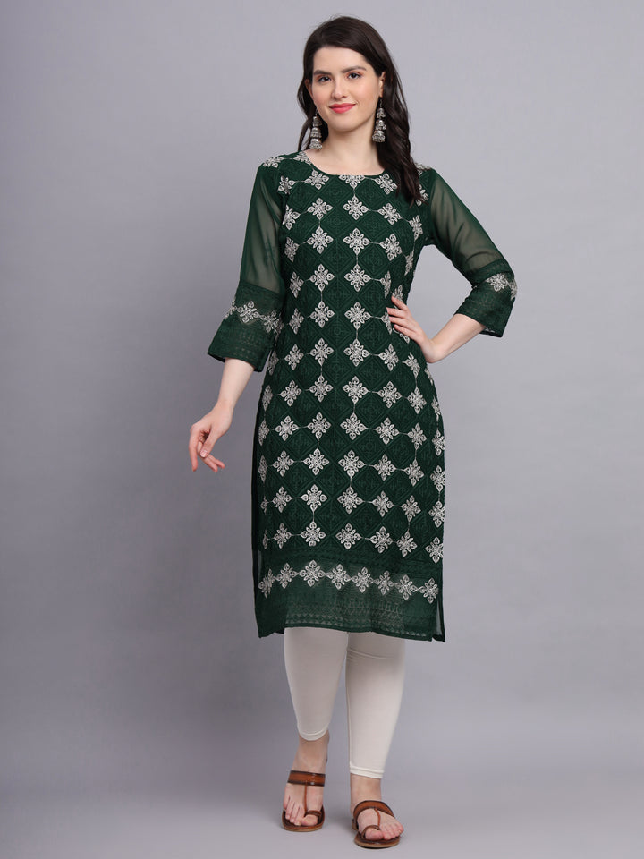 Embroidered Georgette Straight Kurta with Chikankari Work | Crepe Inner