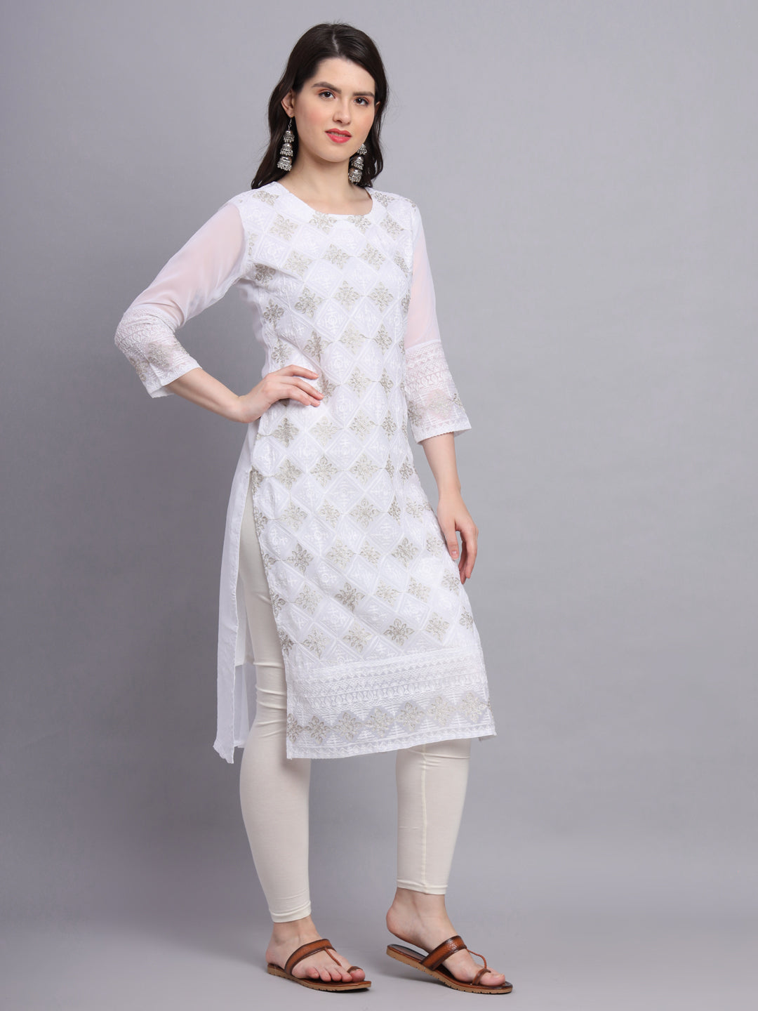 Embroidered Georgette Straight Kurta with Chikankari Work | Crepe Inner