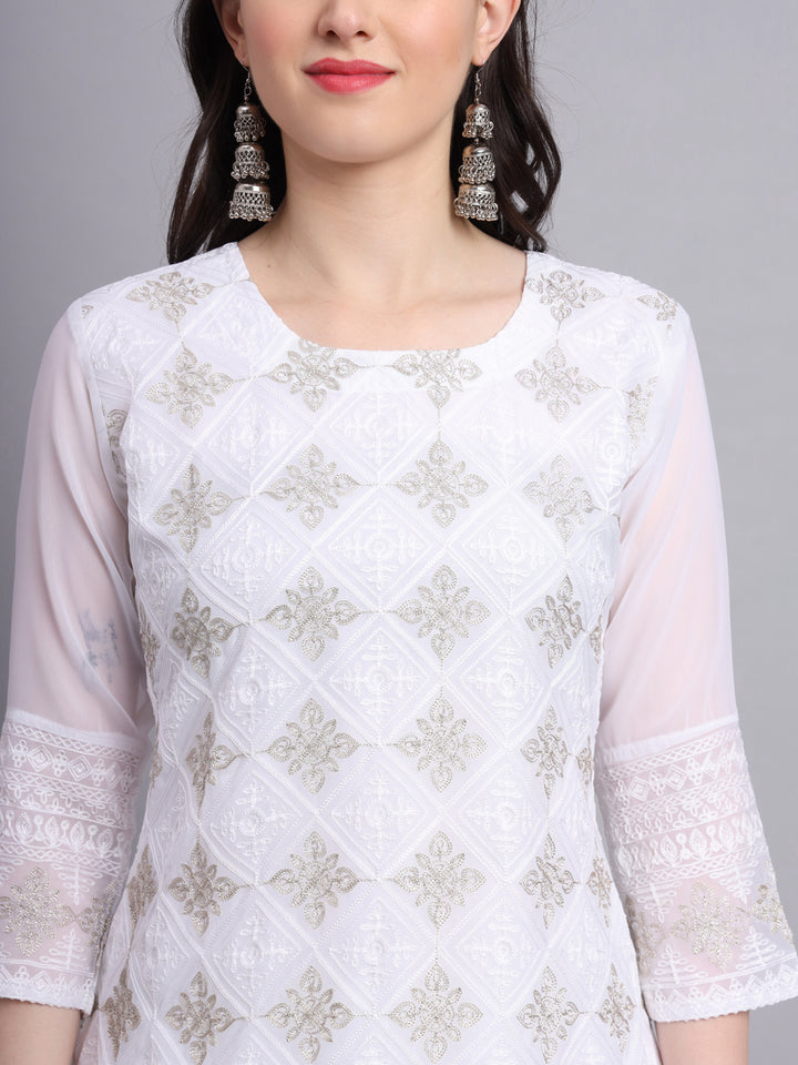 Embroidered Georgette Straight Kurta with Chikankari Work | Crepe Inner