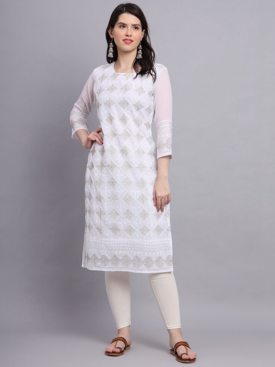 Embroidered Georgette Straight Kurta with Chikankari Work | Crepe Inner