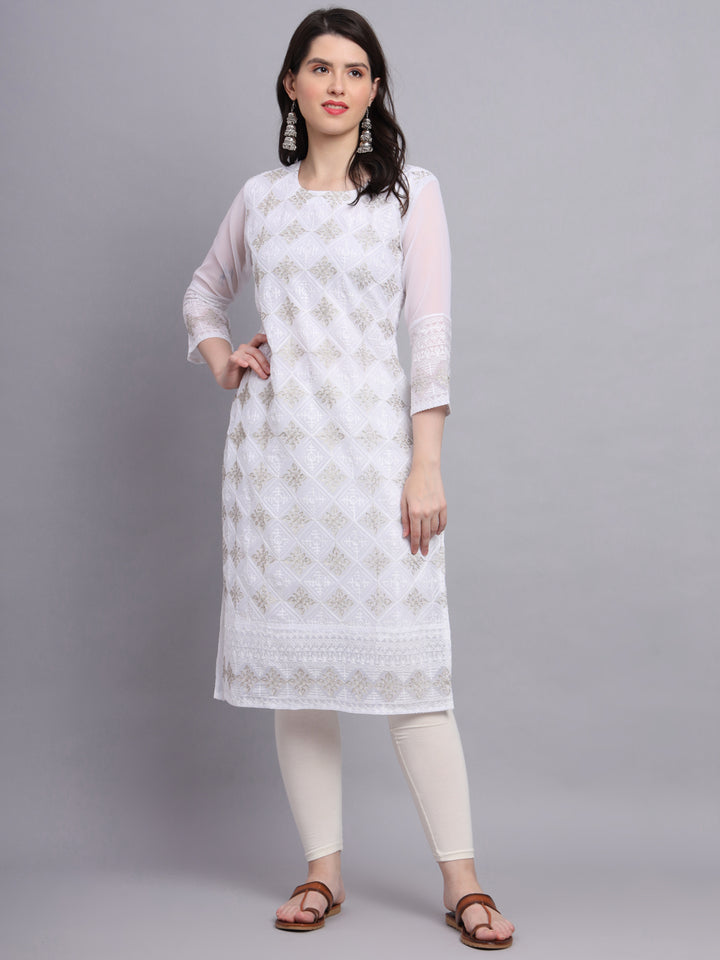 Embroidered Georgette Straight Kurta with Chikankari Work | Crepe Inner
