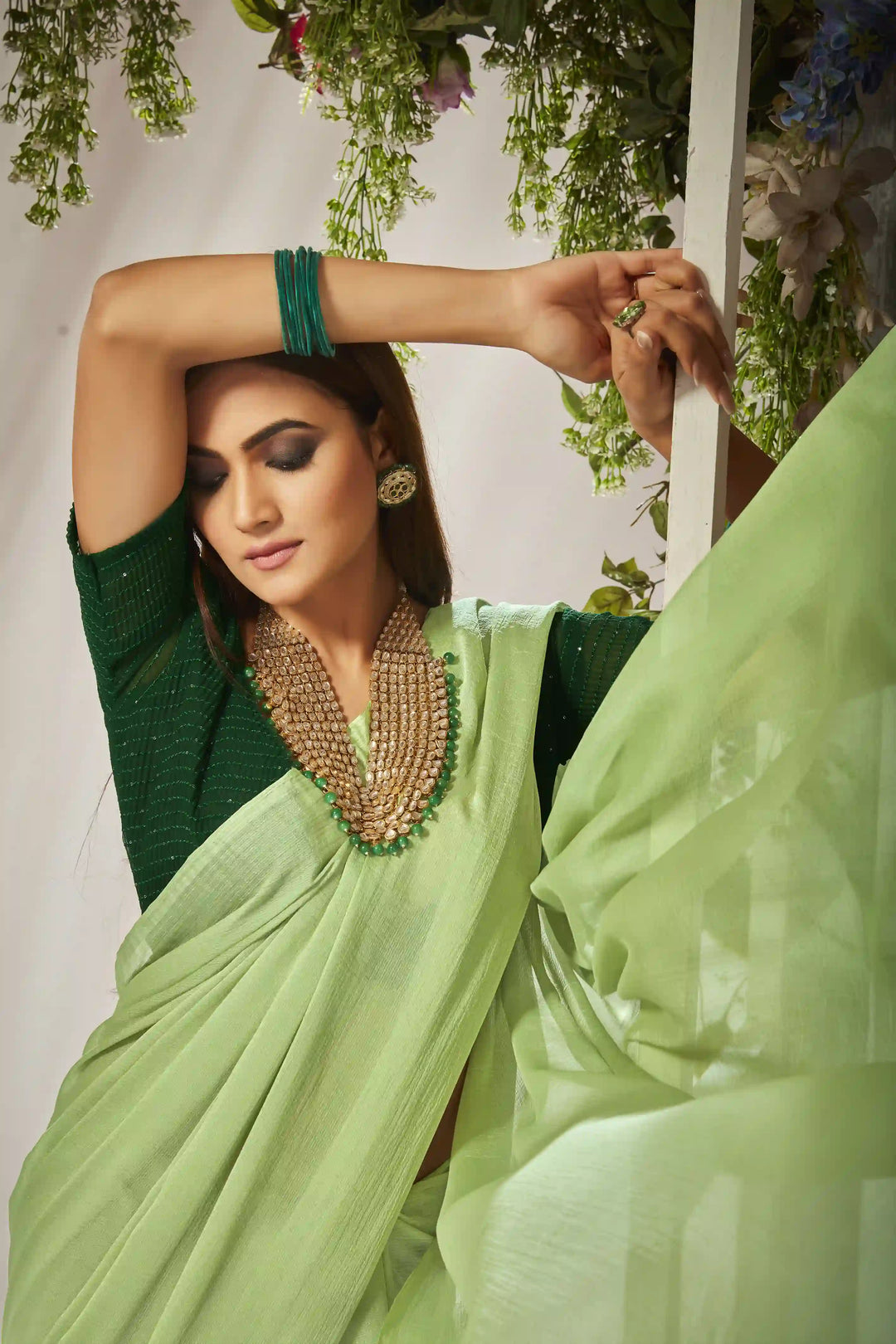 Kiwi-Crush Saree with Crochet Blouse | Crushed Sequence for Traditional Weddings
