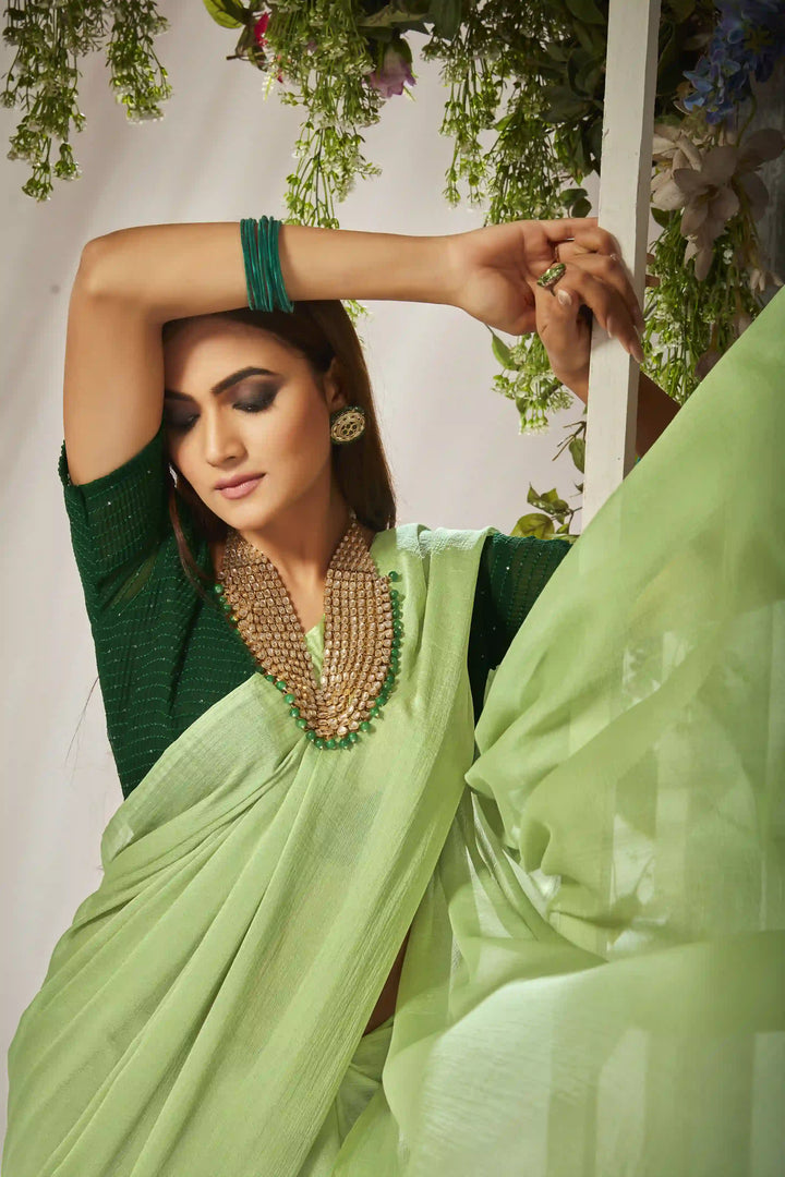 Kiwi-Crush Saree with Crochet Blouse | Crushed Sequence for Traditional Weddings