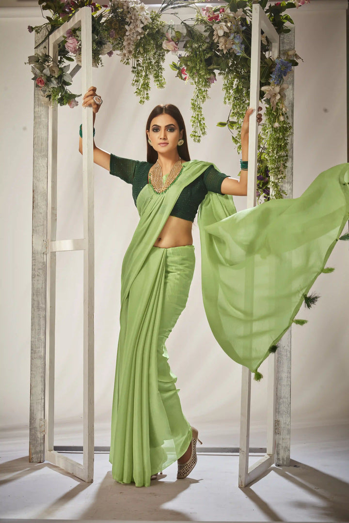 Kiwi-Crush Saree with Crochet Blouse | Crushed Sequence for Traditional Weddings