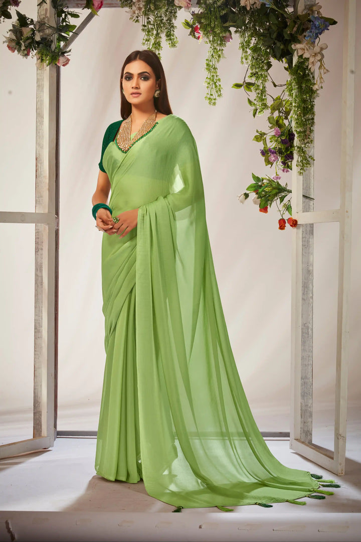 Kiwi-Crush Saree with Crochet Blouse | Crushed Sequence for Traditional Weddings