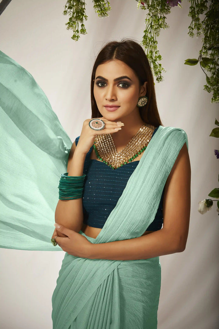 Kiwi-Crush Saree with Crochet Blouse | Crushed Sequence for Traditional Weddings