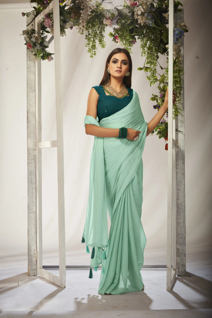 Kiwi-Crush Saree with Crochet Blouse | Crushed Sequence for Traditional Weddings