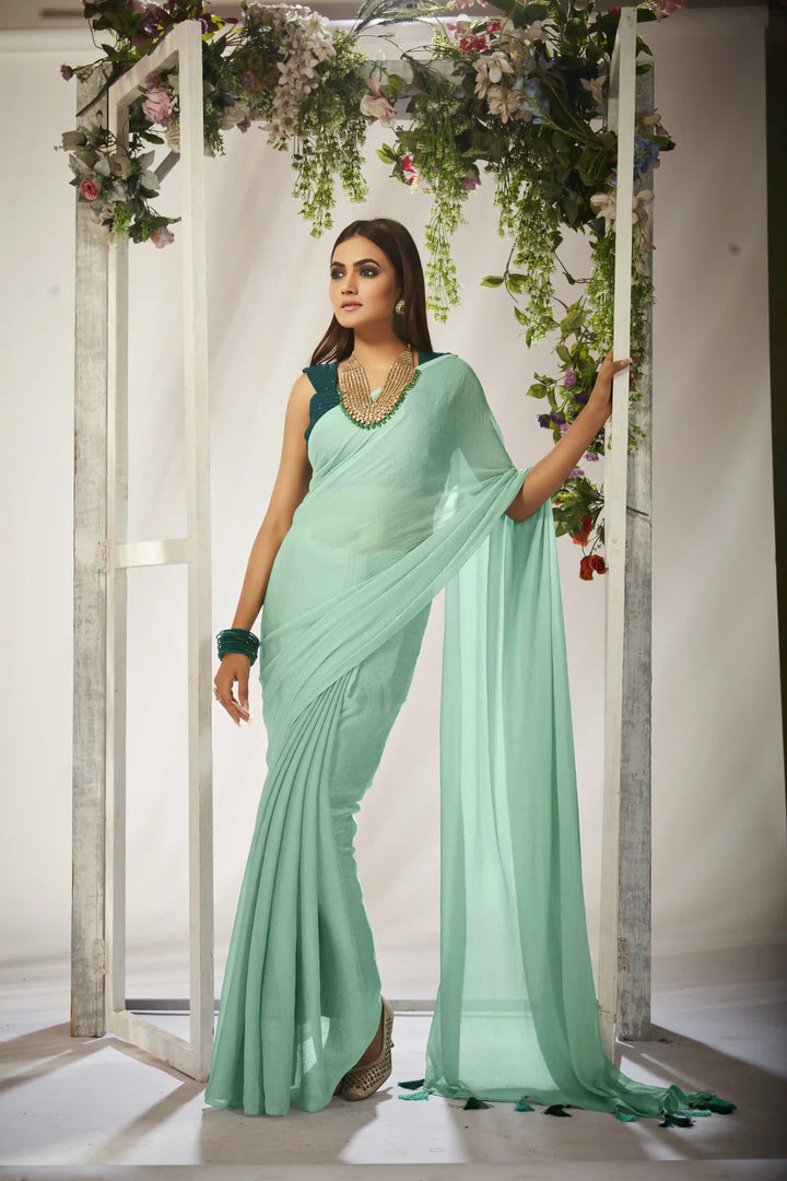 Kiwi-Crush Saree with Crochet Blouse | Crushed Sequence for Traditional Weddings