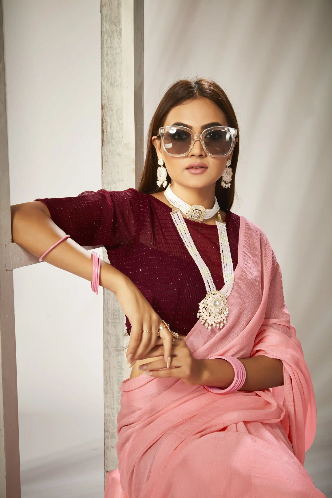 Kiwi-Crush Saree with Crochet Blouse | Crushed Sequence for Traditional Weddings