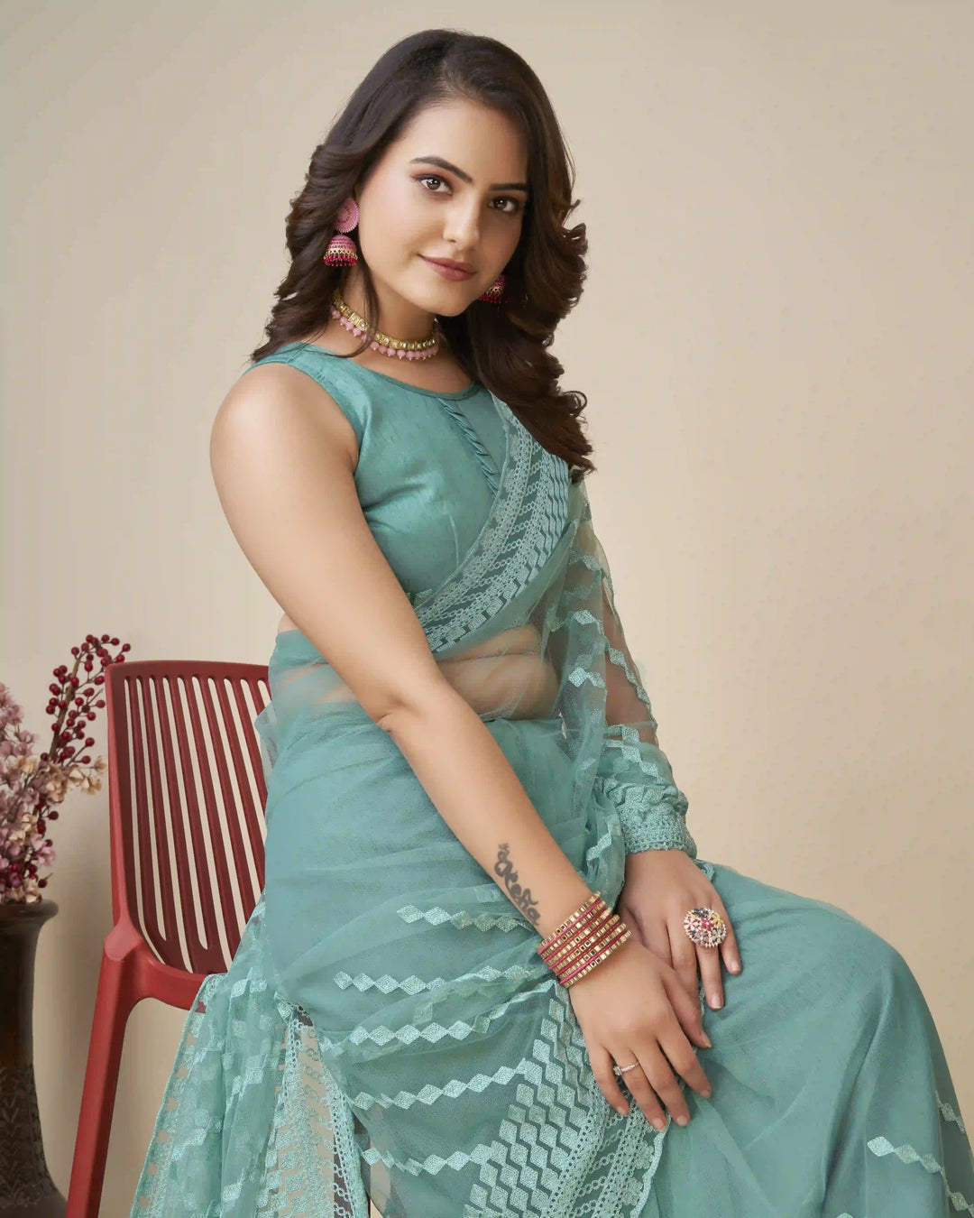 Soft-Net Saree with Chikankari Embroidery | Traditional Wedding & Party Wear