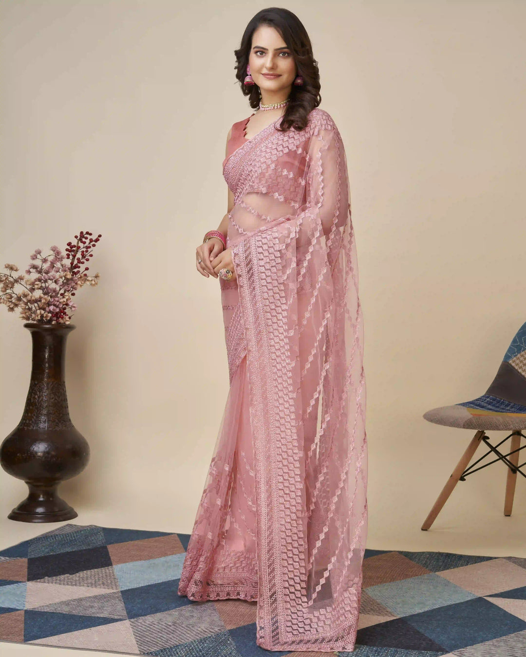 Soft-Net Saree with Chikankari Embroidery | Traditional Wedding & Party Wear