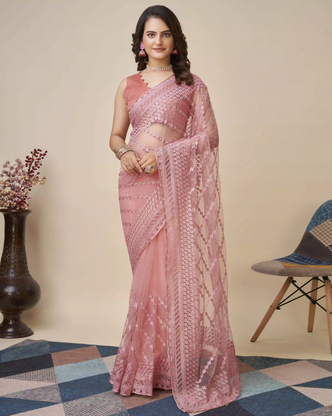 Soft-Net Saree with Chikankari Embroidery | Traditional Wedding & Party Wear