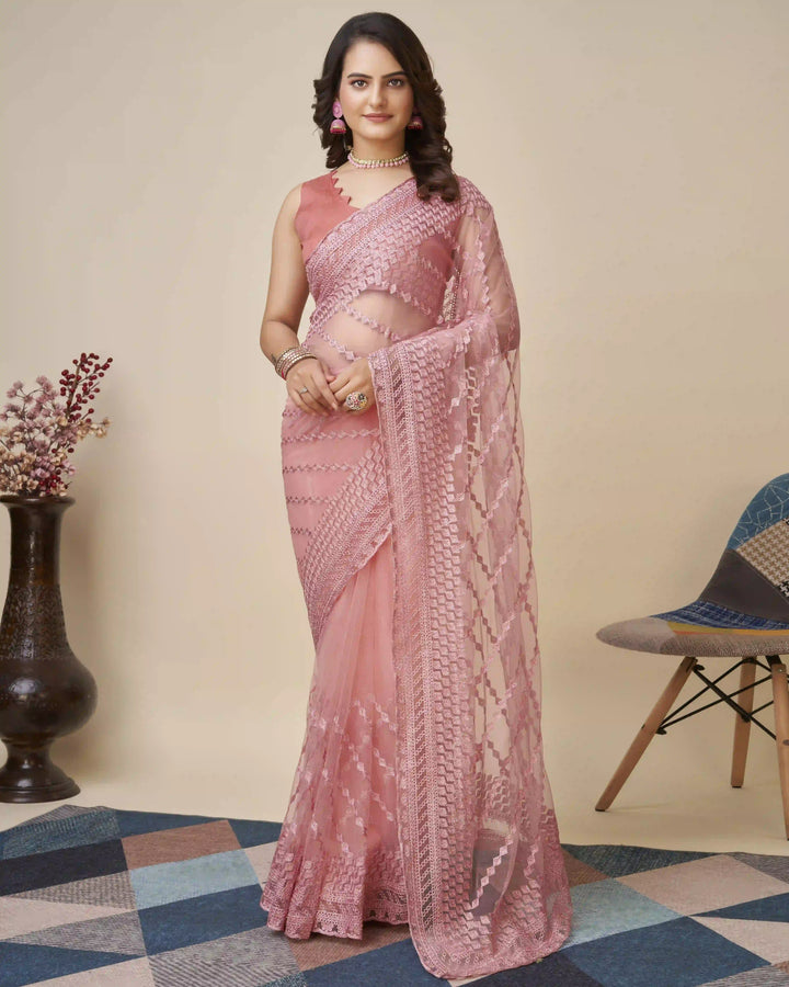 Soft-Net Saree with Chikankari Embroidery | Traditional Wedding & Party Wear