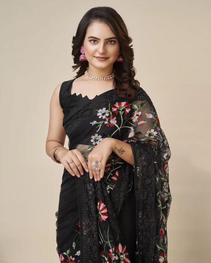 Soft-Net Saree with Mono-Banglori Blouse | Thread-Chikankari Embroidery for Wedding