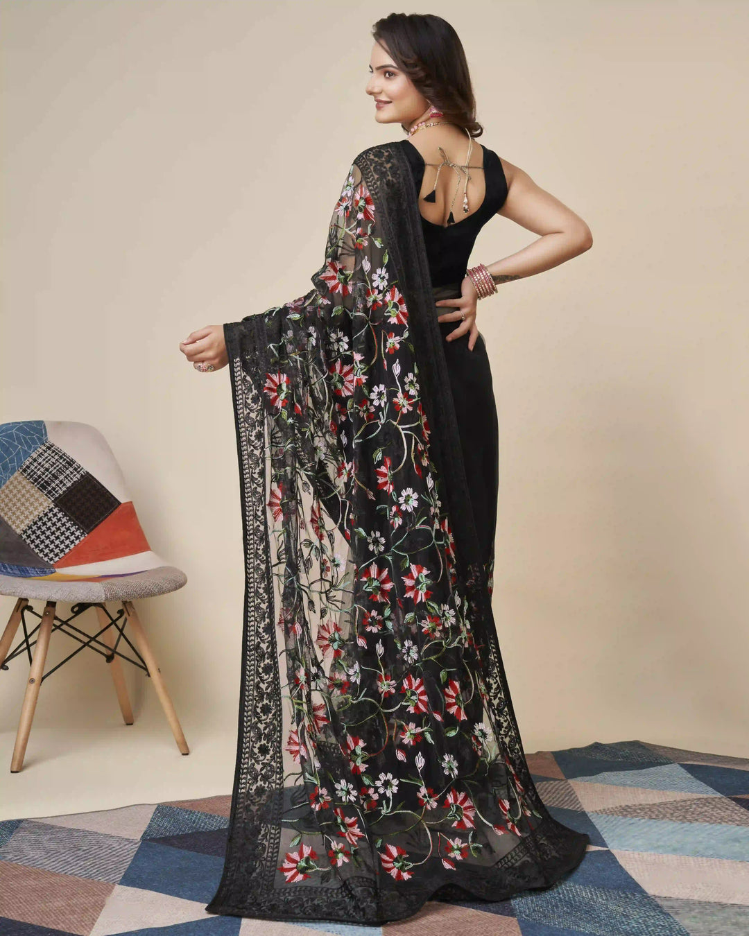 Soft-Net Saree with Mono-Banglori Blouse | Thread-Chikankari Embroidery for Wedding