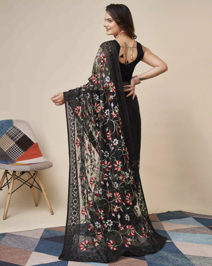 Soft-Net Saree with Mono-Banglori Blouse | Thread-Chikankari Embroidery for Wedding