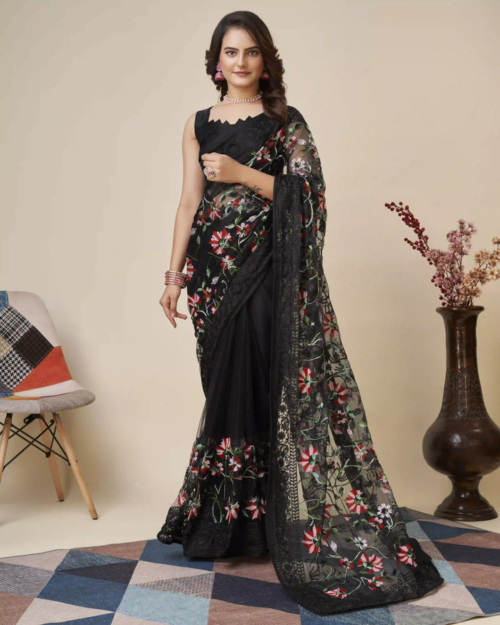 Soft-Net Saree with Mono-Banglori Blouse | Thread-Chikankari Embroidery for Wedding