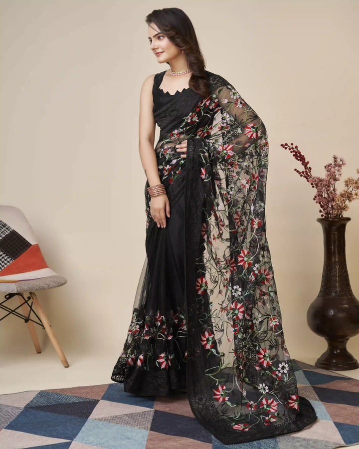 Soft-Net Saree with Mono-Banglori Blouse | Thread-Chikankari Embroidery for Wedding