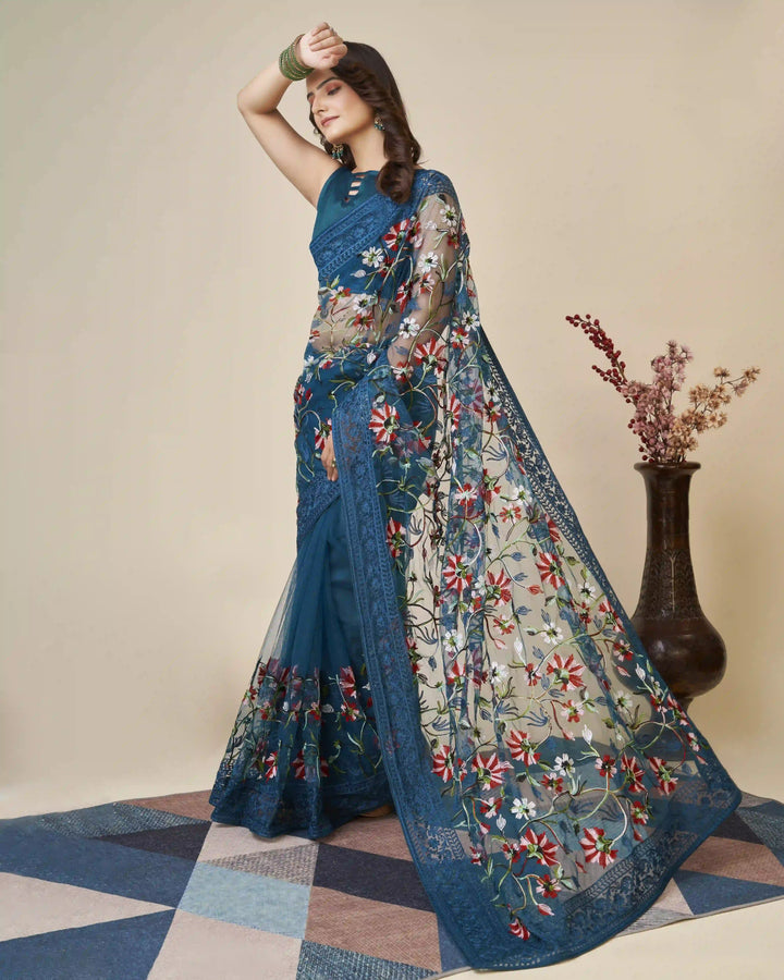 Soft-Net Saree with Mono-Banglori Blouse | Thread-Chikankari Embroidery for Wedding