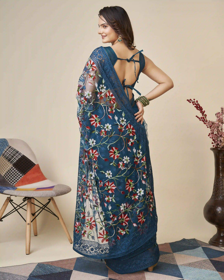 Soft-Net Saree with Mono-Banglori Blouse | Thread-Chikankari Embroidery for Wedding