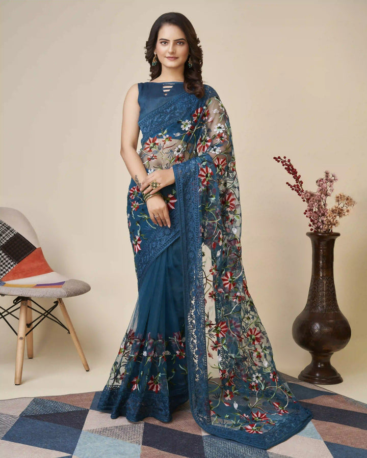 Soft-Net Saree with Mono-Banglori Blouse | Thread-Chikankari Embroidery for Wedding