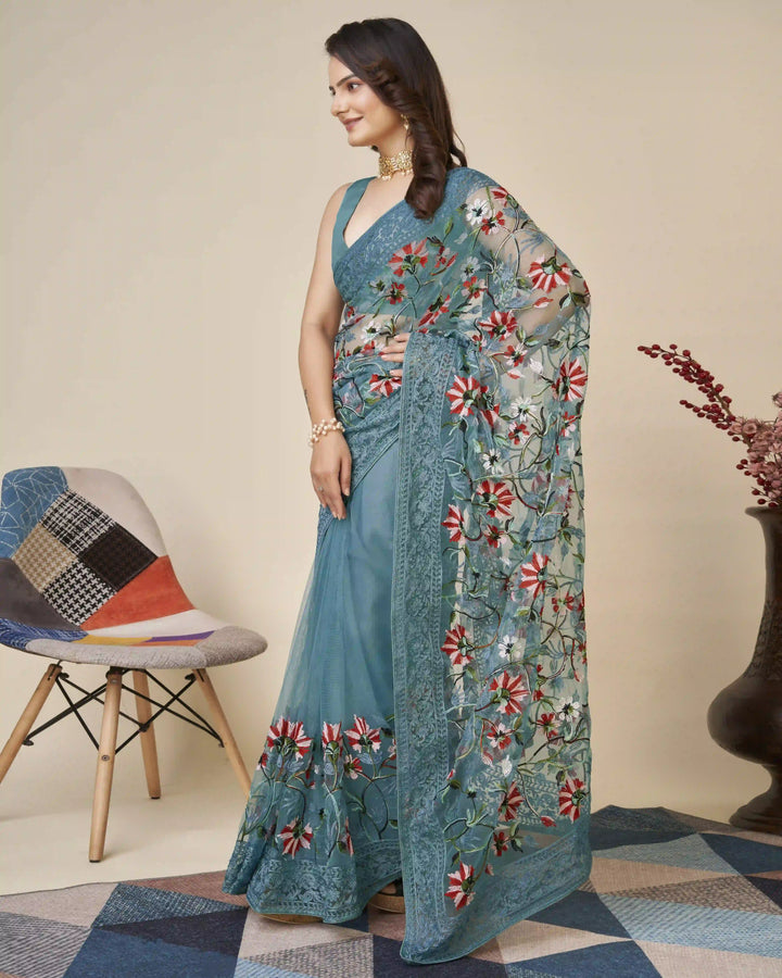 Soft-Net Saree with Mono-Banglori Blouse | Thread-Chikankari Embroidery for Wedding