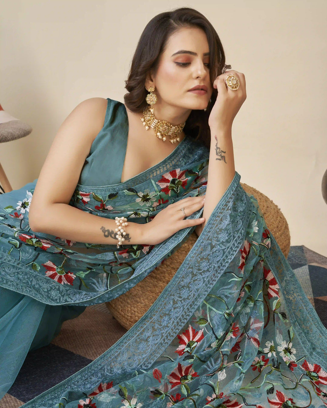 Soft-Net Saree with Mono-Banglori Blouse | Thread-Chikankari Embroidery for Wedding
