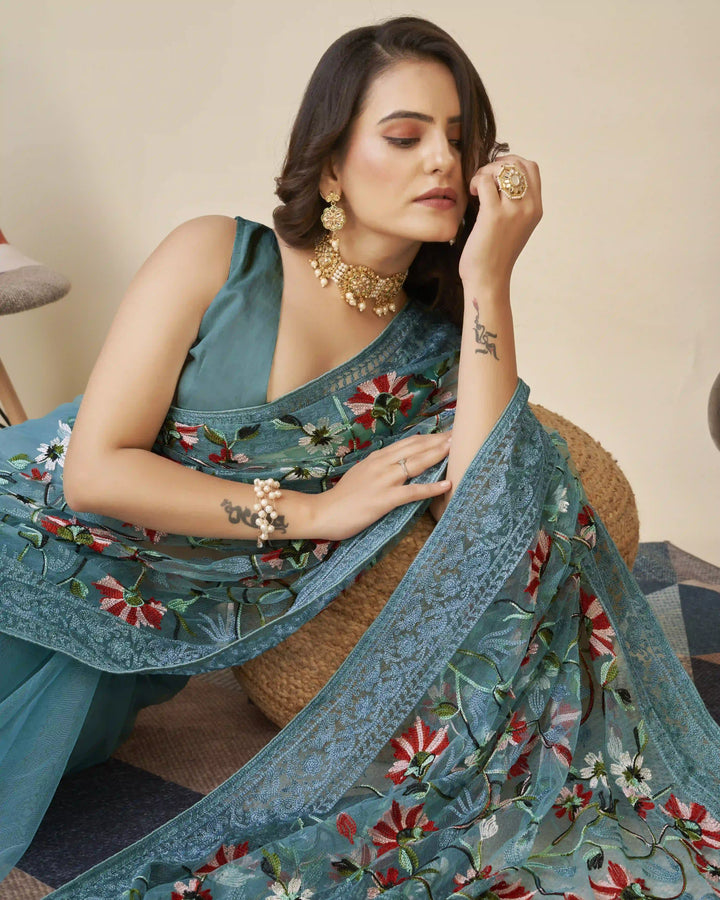 Soft-Net Saree with Mono-Banglori Blouse | Thread-Chikankari Embroidery for Wedding