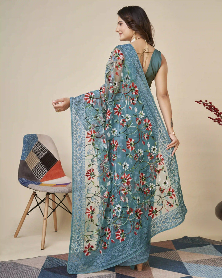 Soft-Net Saree with Mono-Banglori Blouse | Thread-Chikankari Embroidery for Wedding