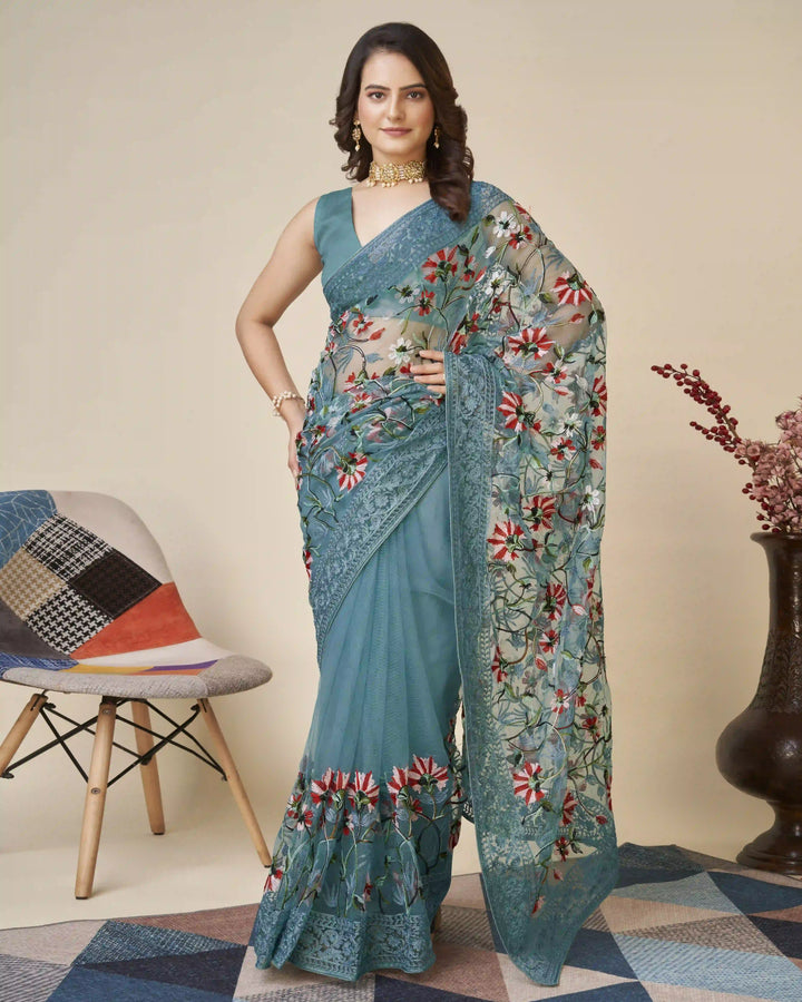 Soft-Net Saree with Mono-Banglori Blouse | Thread-Chikankari Embroidery for Wedding