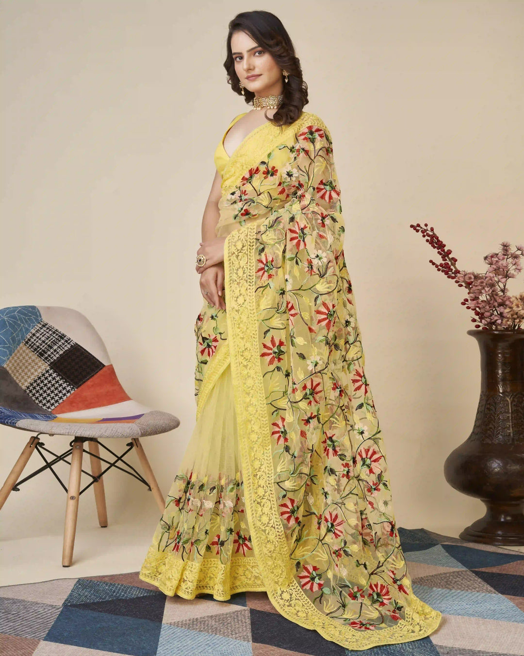 Soft-Net Saree with Mono-Banglori Blouse | Thread-Chikankari Embroidery for Wedding