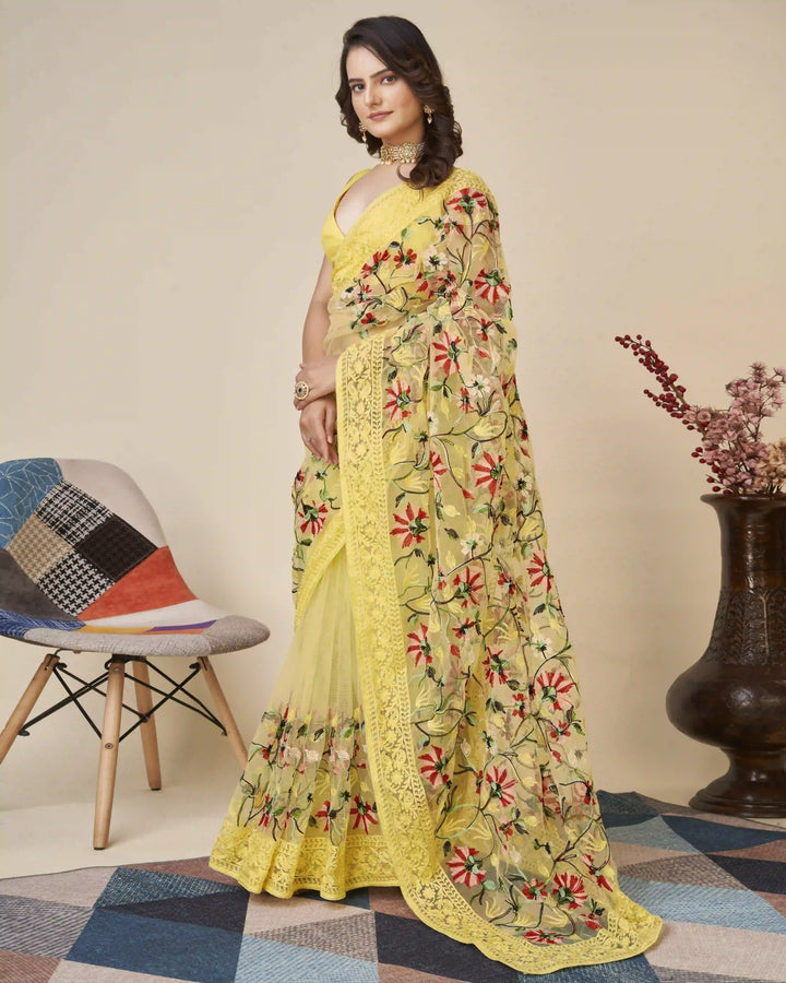 Soft-Net Saree with Mono-Banglori Blouse | Thread-Chikankari Embroidery for Wedding